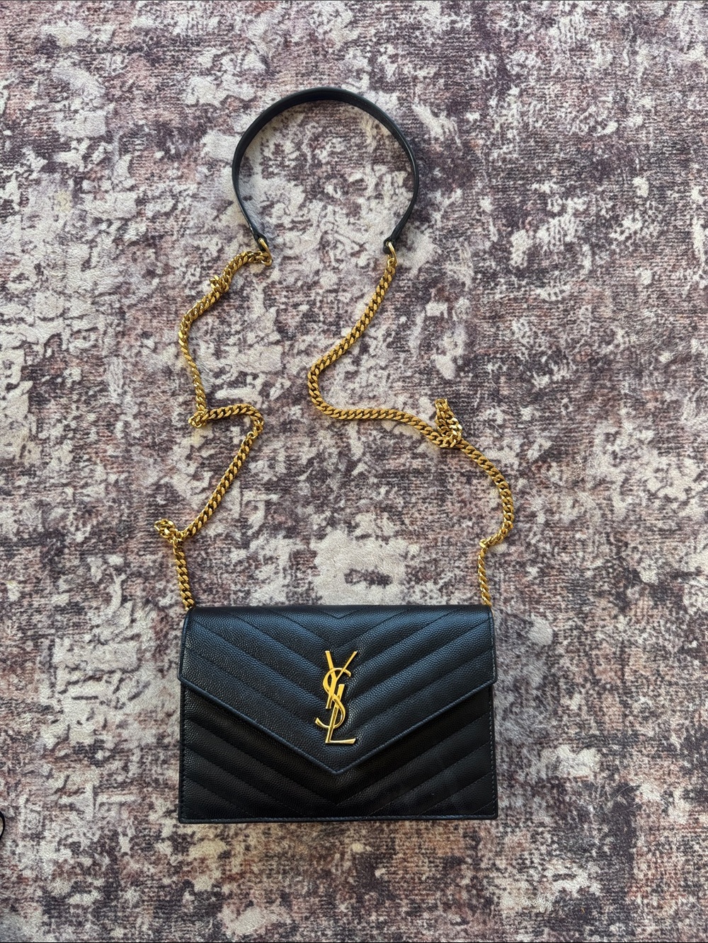 Saint Laurent Black Quilted Envelope on Chain with Gold YSL Emblem